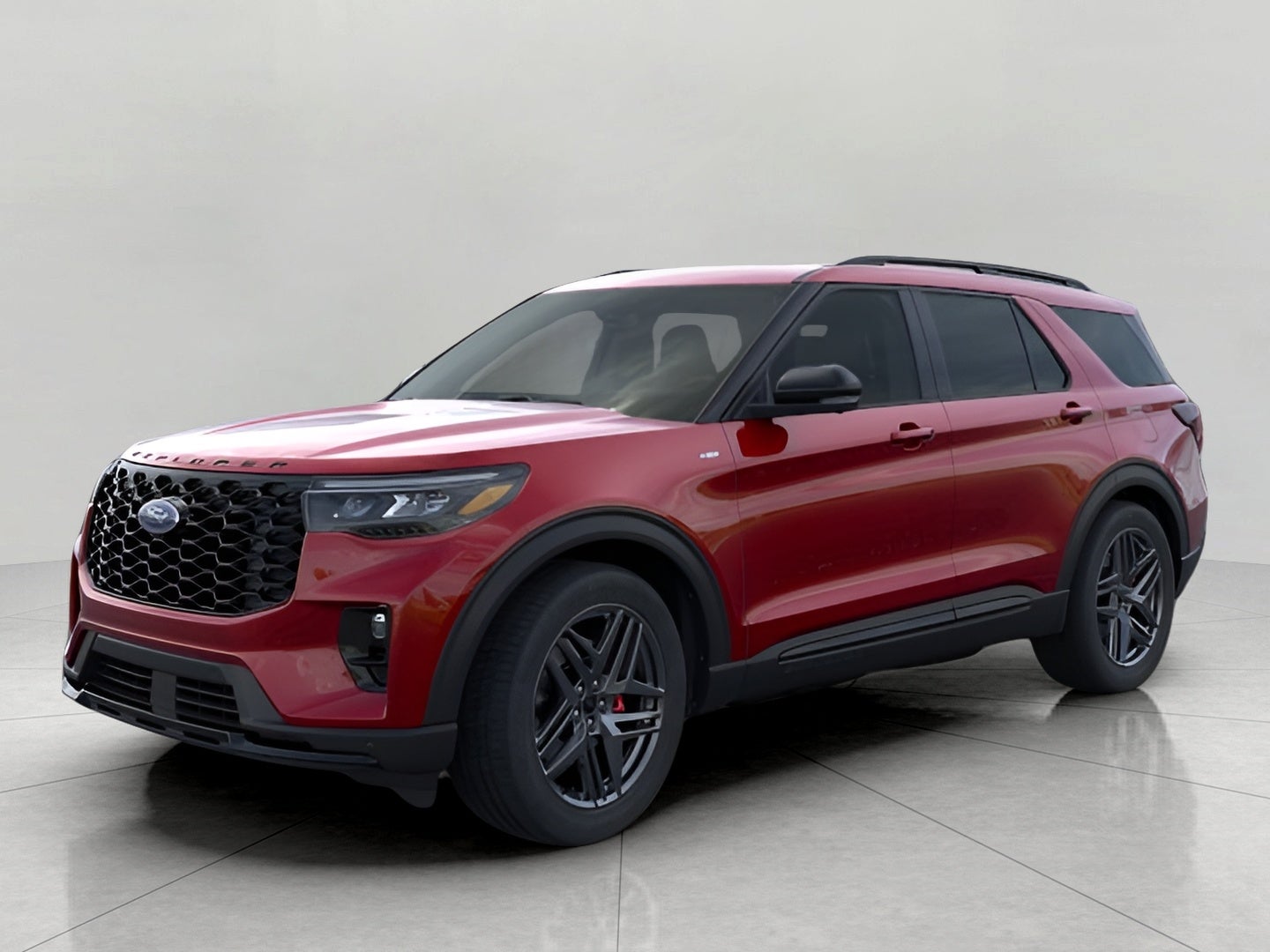 2026 Ford Explorer ST 4WD in Rapid Red Metallic Tinted Clearcoat — front three-quarter view