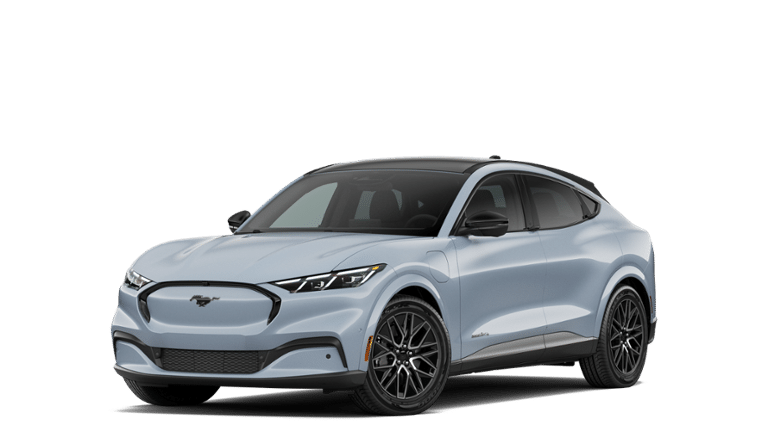 2026 Ford Mustang Mach-E Premium in Glacier Gray Metallic Tri Coat — front three-quarter view